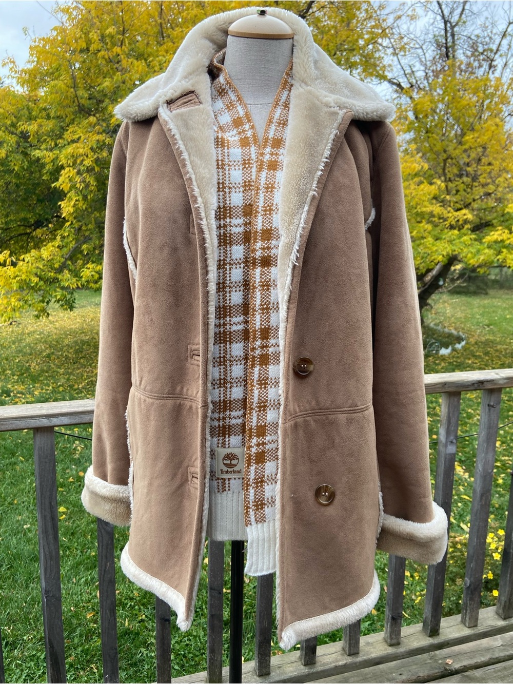 VTG 90s Faux Suede Shearing Cozy Coat Tan Autumn Fall Winter Fashion Vegan